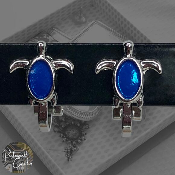 Silver and Blue Turtle Clip-On Stud Earrings - Picture 1 of 3